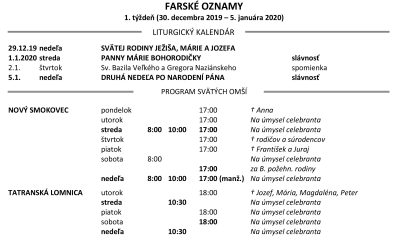 FARSKÉ OZNAMY 1. týždeň (30. decembra 2019 – 5. januára 2020)