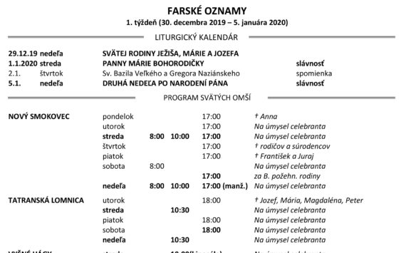 FARSKÉ OZNAMY 1. týždeň (30. decembra 2019 – 5. januára 2020)