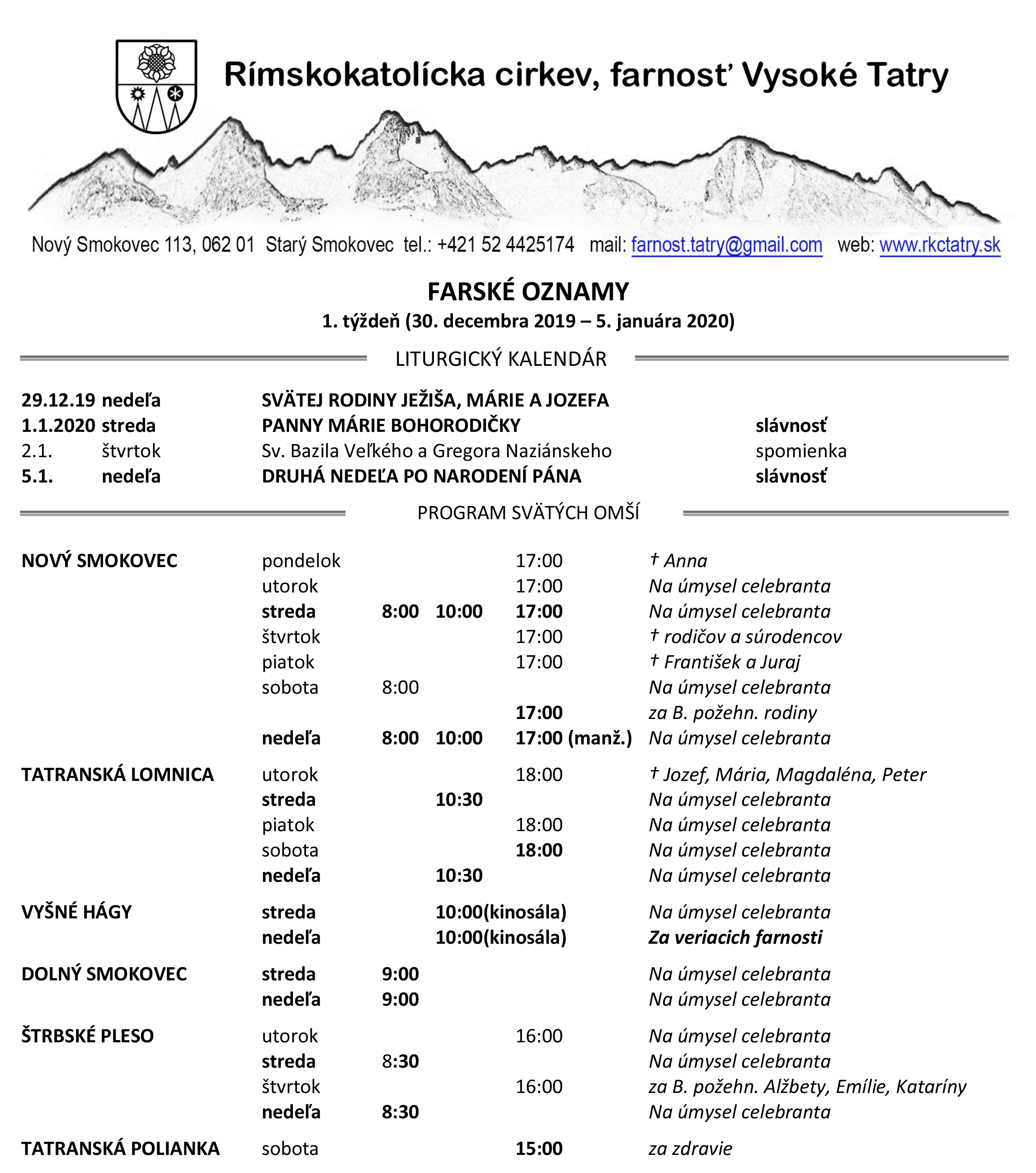 FARSKÉ OZNAMY 1. týždeň (30. decembra 2019 – 5. januára 2020)